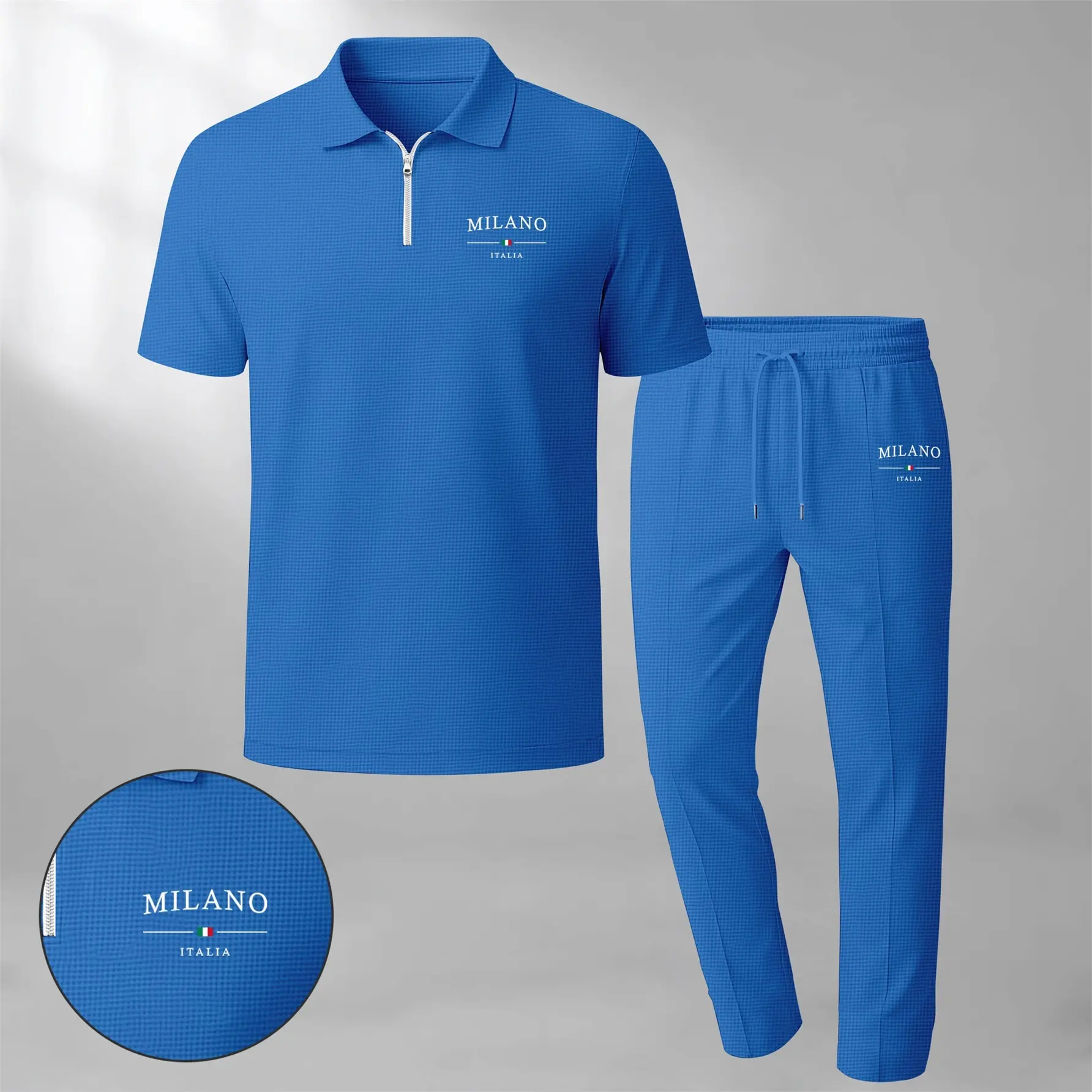 Men's MILANO Print Zip-Up Collar Short-Sleeve Polo Shirt And Pants Two-Piece Set, Made With Waffle Knit Fabric, Breathable And Comfortable, Soft Texture, And A Relaxed Fit, Suitable For Everyday Casual Wear.