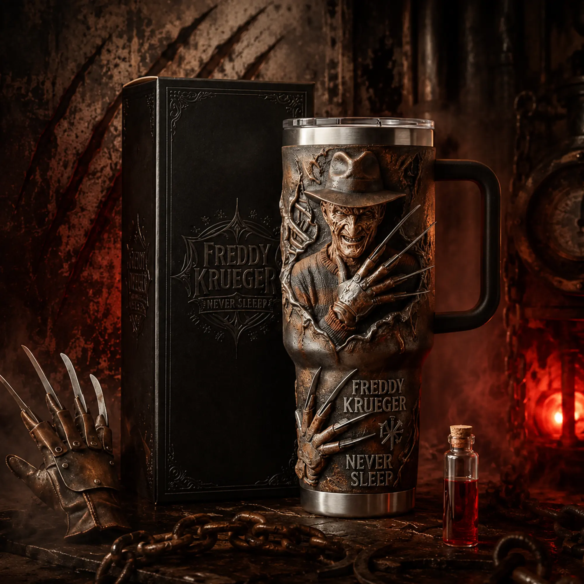 Freddy Krueger A Nightmare on Elm Street 40oz & 20oz Stainless Steel Tumbler with Handle, Vintage Horror Insulated Travel Mug, Dream Stalker Slasher Movie Fan Cup, Retro Elm Street Design, Leakproof Gift.