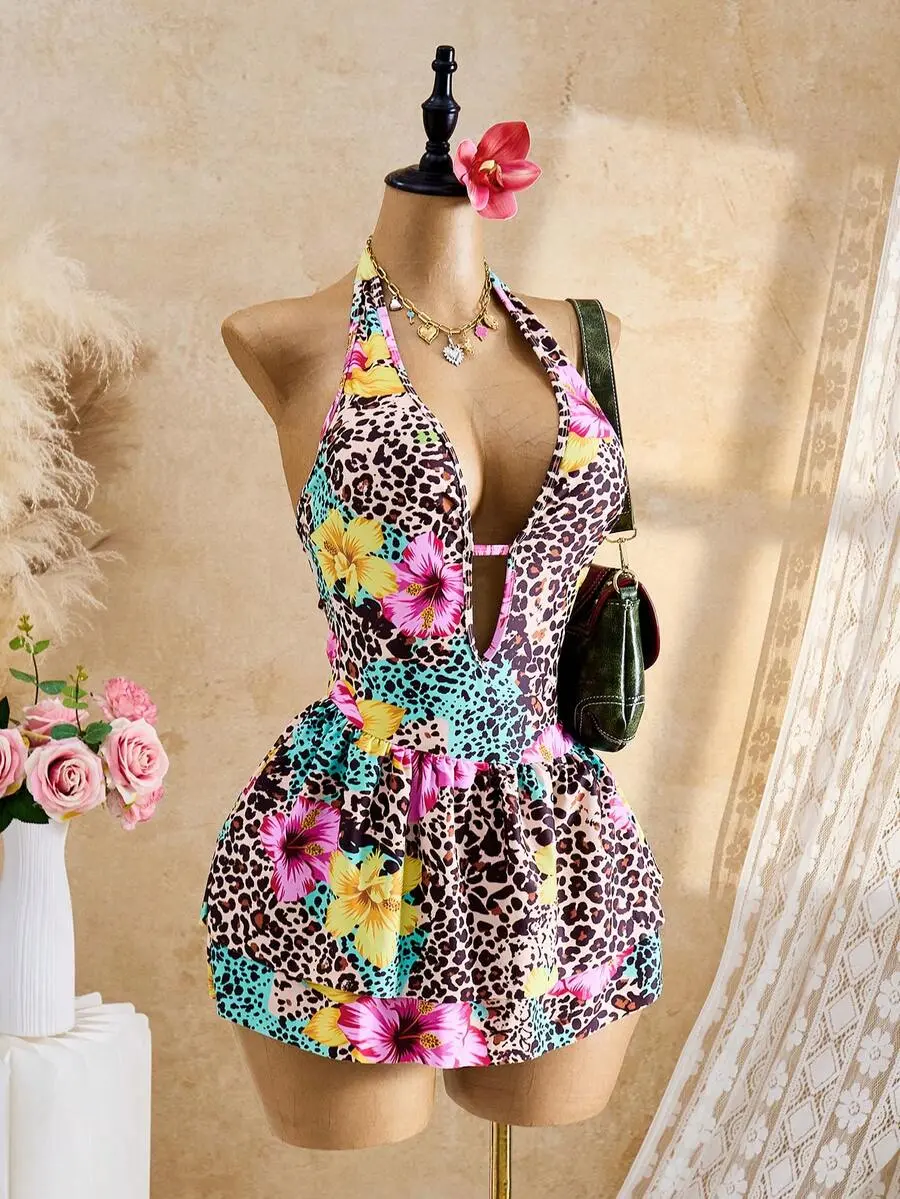 Zestiva 2026S Sleeveless Backless Mini A-Line Dress, Knit Fabric, Random Prints, Ruffle Hem