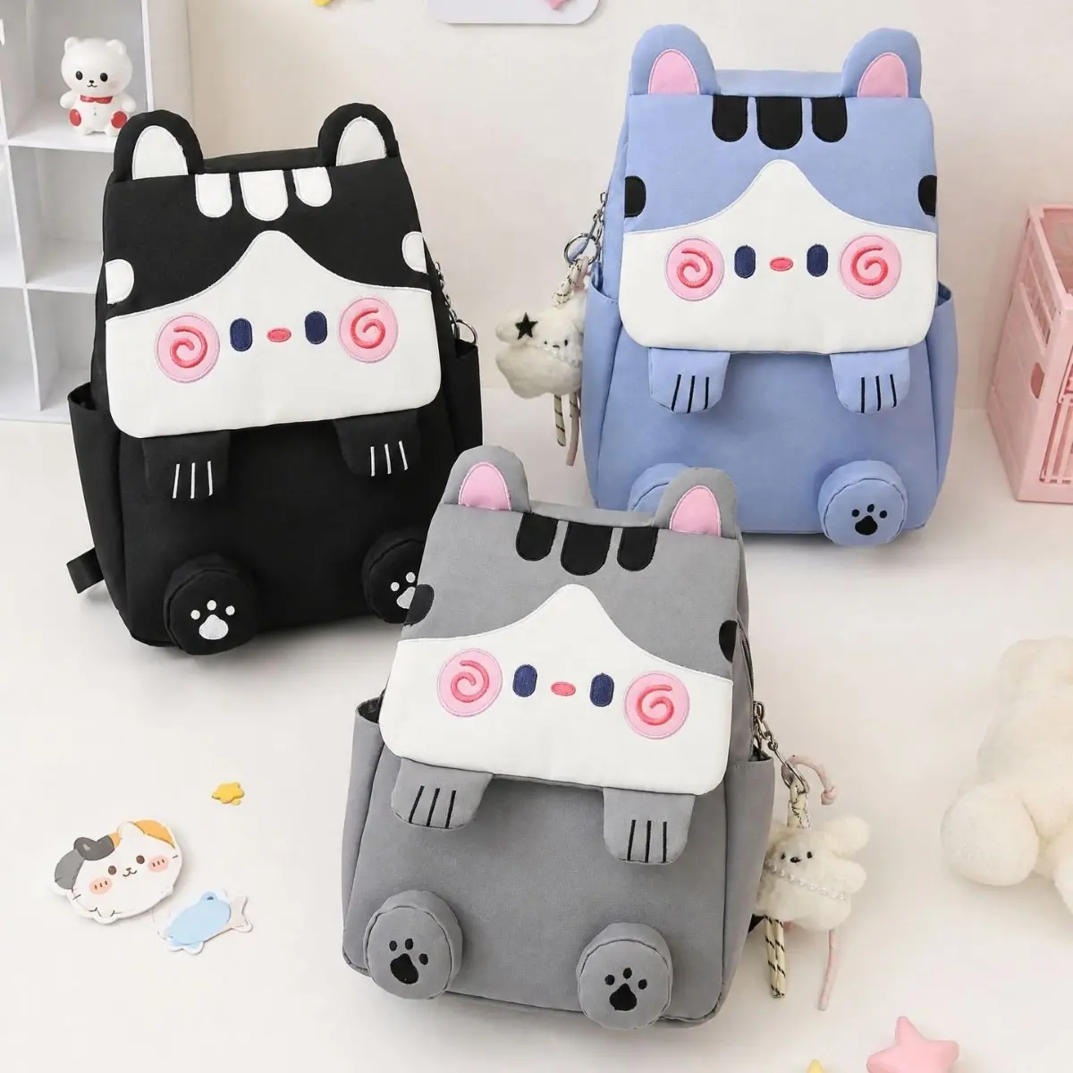 3D Cat Ear Flap Backpack Cute Cartoon Kitten Face Casual Travel Daypack