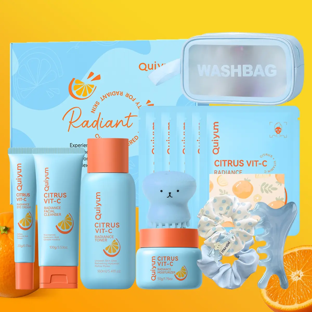 Quiyum Citrus VC Skincare Box, Moisturizing Kit, Skin Care Set, Moisturizing Cream 50g, Cleanser 100g, Toner 160ML, Eye Cream 20g, Mask 25gx5,Hair Band,Octopus Brush,Scraping Pate, Makeup Bag,Card, Radiant Glow • Plump & Smooth Skin,Best Gift