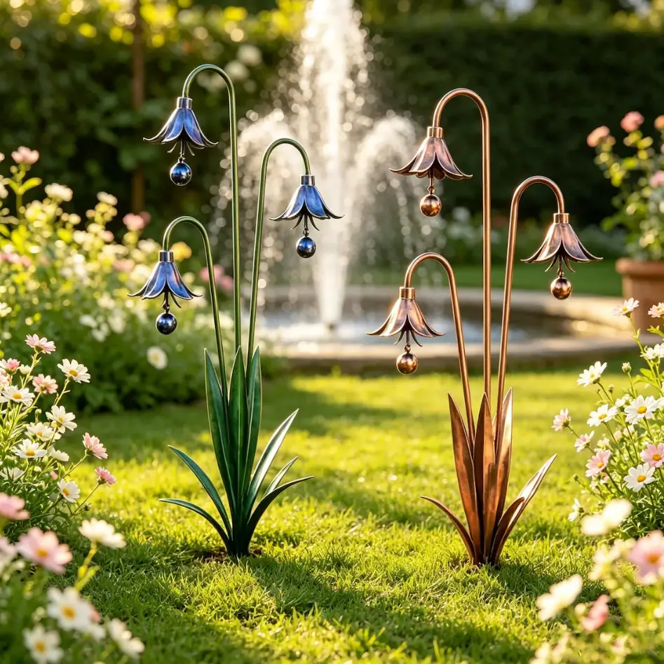 24.02in Handcrafted Iron Metal Bluebell Garden Stake Wind Chime, 3-Layer Blooms, Weatherproof Paint, Year-Round Outdoor Yard Art for Backyards, Cottagecore Accent Gift for Gardening Enthusiasts