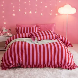 Cute Striped Vintage Ruffle Bedding Set, Comfy Bedding Set, 3 Piece Set Includes 1 Duvet Cover + 2 Pillowcases No Insert, Cozy Bedroom Decor, All Seasons Use
