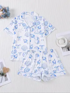 2 pieces of women's blue shell conch bow printed knit short sleeved shorts, comfortable lapel pajama set, Pjs, nightwear, top pocket elastic waistband suitable for all seasons casual classic home wear Loungewear Homewear