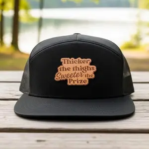 Thicker the Thighs Sweeter the Prize Leather Patch Trucker Hat Funny Snapback Flat Bill Mesh Back Hat Gift For Him, Gift For Her