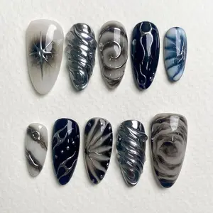 Custom Galaxy Chrome Press On Nails | Cosmic Swirl, Y2K Silver Chrome Nails Set