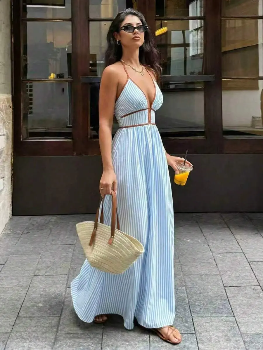 Summer Beach Maxi Dress for Women, Striped Halter Deep V-Neck Sleeveless Backless A-Line Flowy Long Dress, Casual Sexy Vacation Wedding Guest Sundress