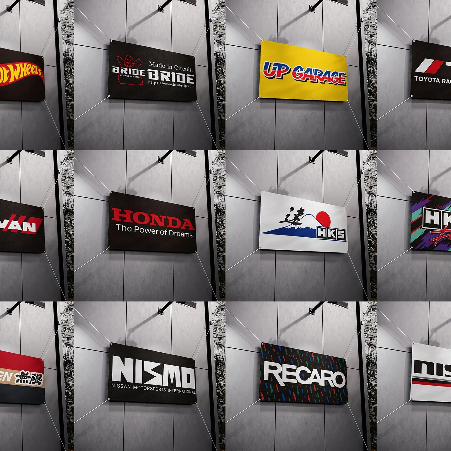 JDM Racing Garage Flag Collection, Hot Wheels Honda Toyota TRD HKS Nismo Mugen Bride Recaro Advan Automotive Wall Banner, Japanese Car Culture Workshop Decor, Motorsport Gift for Men Dad Husband and Racing Fans