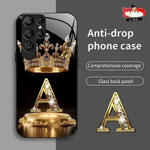 Suitable for [Galaxy S23 Ultra] New high-end crown gold base letter glass mobile phone case New business simple metal paint electroplated glass mobile phone case Affordable price Anti-drop and anti-fingerprint 995