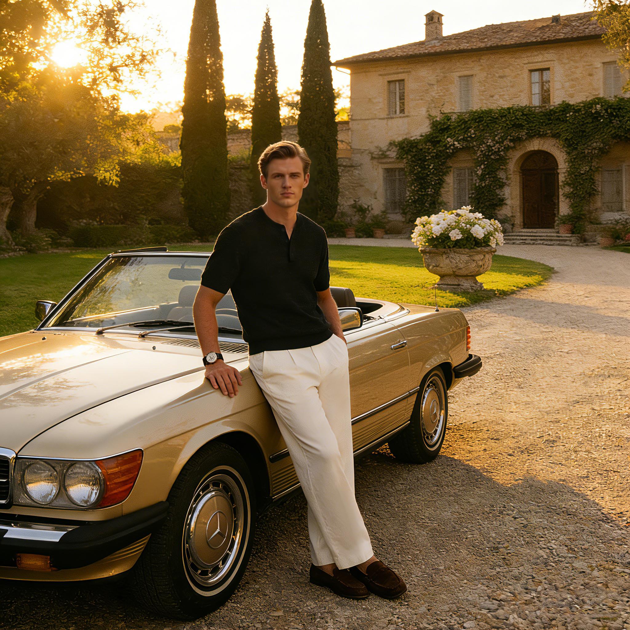 LazyRoad Old Money Style Men's Henley-Neck Short-Sleeve T-Shirt, Breathable Tencel & Linen Blend Knit T-Shirt(Black)-M6006