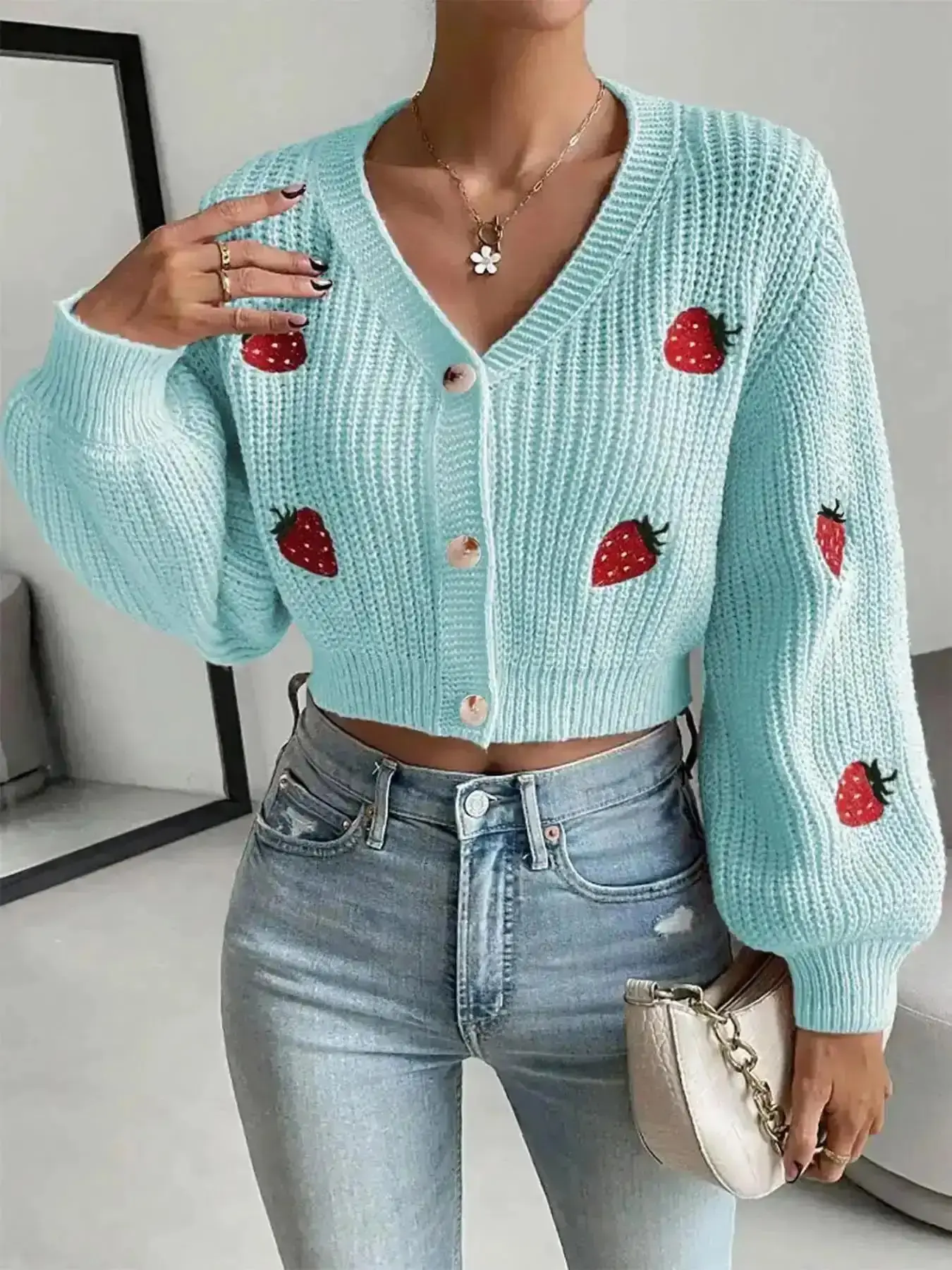 Trendy 2026 Women's Strawberry Embroidery Button Front Crop Cardigan, Casual Drop Shoulder Long Sleeve V Neck Knitwear Fit Medium for Fall & Winter, Fashion Ladies' Knitting Clothing Tops Daily Wear, pink Womenswear