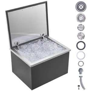 【Summervibes】VEVOR Drop in Ice Chest,  20"L x 16"W x 13"H Stainless Steel Ice Cooler, Commercial Ice Bin with Hinged Cover, 40 qt Outdoor Kitchen Ice Bar, Drain-pipe and Drain Plug Included, for Cold Wine Beer