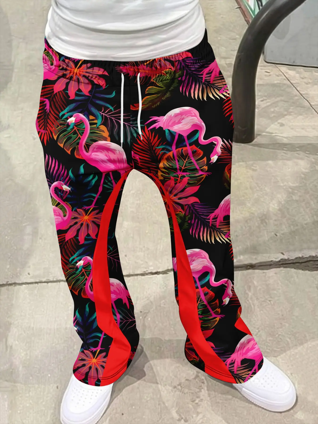 Men's Flared Trousers, American High Street Tropical Peacock Print, Block, Drawstring Waist, Casual Long Pants, Casual Bottom
