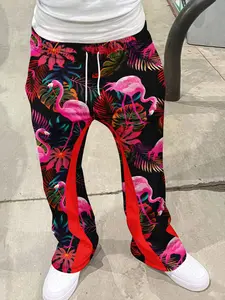 Men's Flared Trousers, American High Street Tropical Peacock Print, Block, Drawstring Waist, Casual Long Pants