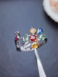 Luxurious Women's Zirconia Ring Adjustable, Elegant Geometric Design, Copper Material, All Seasons Jewelry, Creative Peacock Pattern