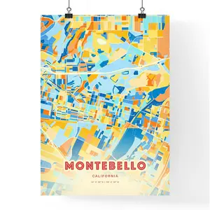 Colorful Montebello California Blue Orange Fine Art Print Montebello United States City Map Customizable Poster Print Personalized Gift