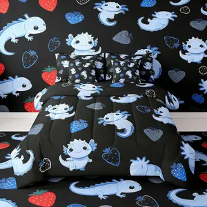 Comforter Set with Sheets 7 Piece Cute Axolotl Bed in a Bag Kids Boys Girls Cartoon Salamander Bedding Set Kawaii Ocean Sealife Bedroom Decor Strawberry Soft Microfiber Blue Black