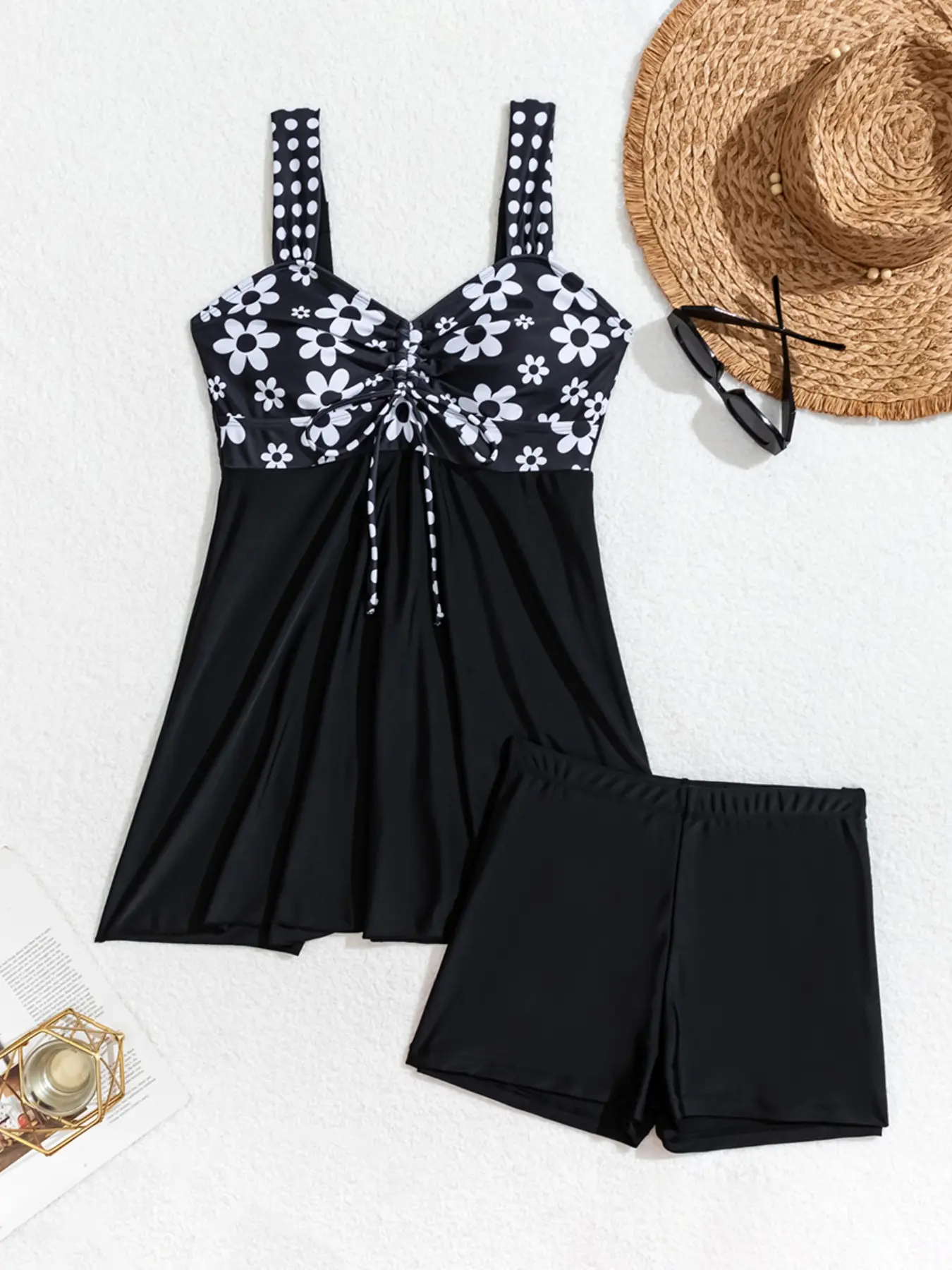 Women's Swimsuit Set with Shorts, Comfortable Summer Beach Vacation Swimwear, Fitted Style Two Piece Tankini Bathing Suits, Medium-Thick Floral Swim Set