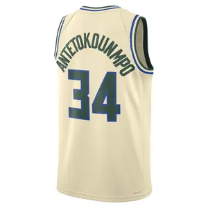2026 Antetokounmpo #34 Cream Teal Swingman Basketball Jersey full logo – City Edition – Pro Style Hoop Fan Sleeveless Shirt