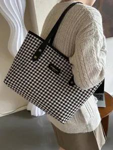 Fashion Women Bag, Elegant Black Houndstooth Shoulder Tote Bag – Small Office Handbag with Double Handle & Zipper Closure