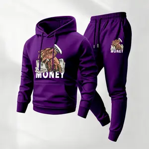 Men's Money Patterned Hoodie And Drawstring Track Pants Set, Men's Casual Athletic Long-Sleeved Hooded Jacket And Pants, Suitable For Fall And Winter, Street Style Hoodie Set, Everyday Wear, Indoor And Outdoor Sportswear