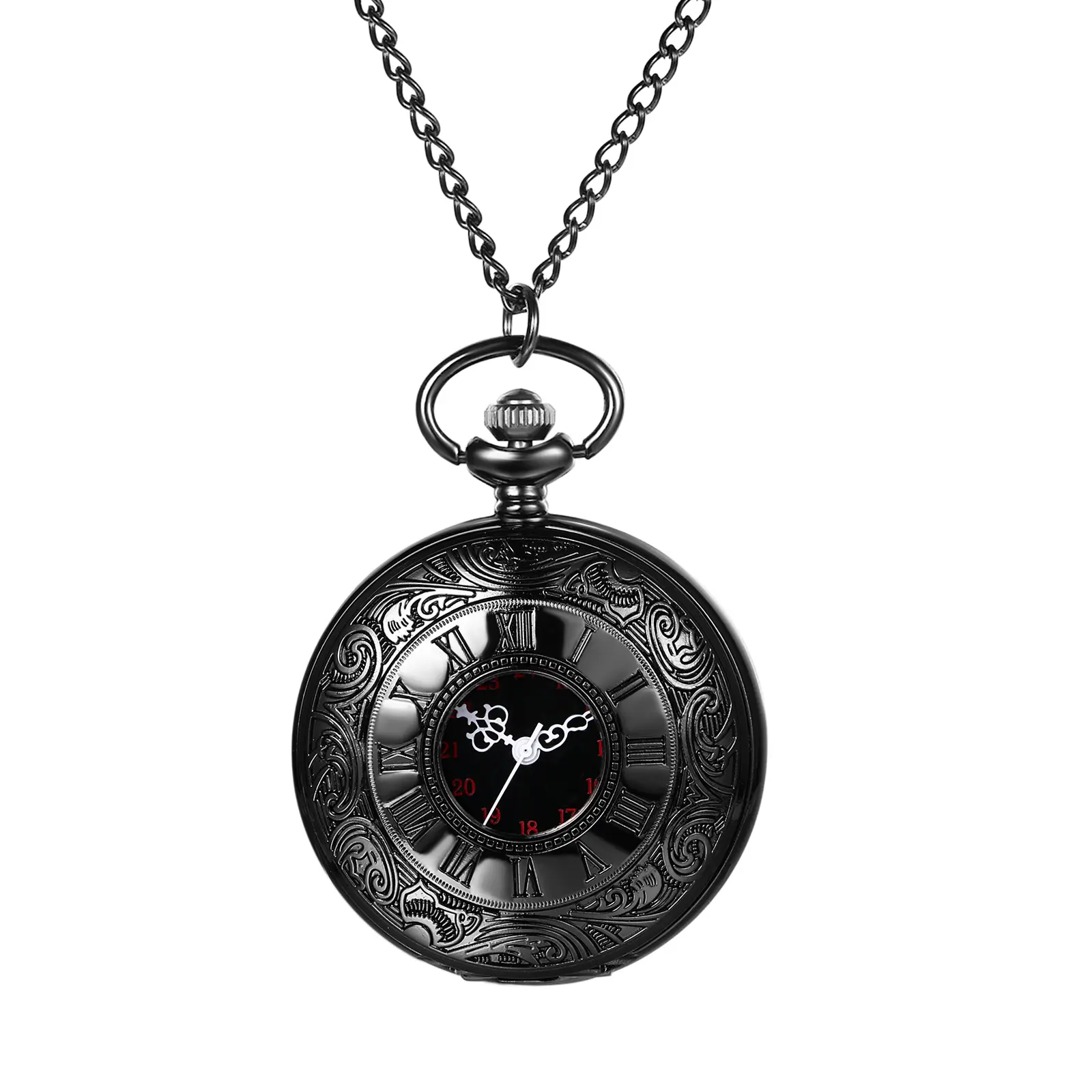 OIDEA Vintage Hollow-Carved Pocket Watch Necklace, Roman Numeral 24-Hour Analog Quartz Dial, Long Chain Sweater Necklace, Unisex Men's Accessories Fashion Watch