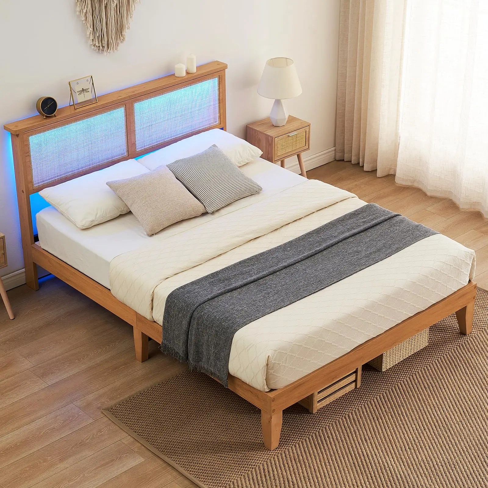 Rattan Queen Bed Frame with LED Lights, Natural Rattan Headboard, Solid Wood Foundation with Silent Slats, Noise-Free, No Box Spring Needed