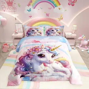 Cute Rainbow Unicorn Comforter Set,- Pink Duvet & for Kids' Cartoon Bedroom Decor