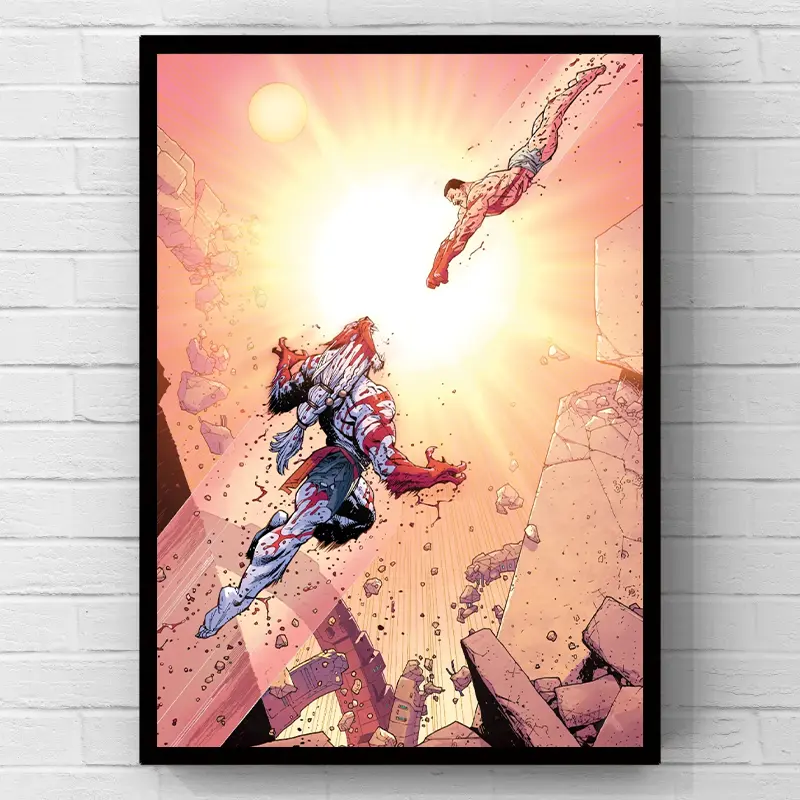 Superhero vs Monster Alien Ruins comic pop art minimalist artistic hanging artwork; 2D flat print canvas wall art poster; wall decoration/home décor; trendy comic wall décor for teen bedrooms; geek home wall décor for game rooms