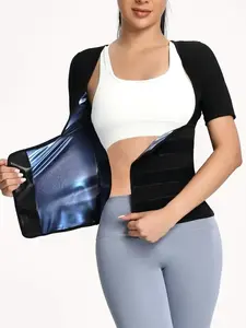 Women's Plain Velcro Waistband Sports Sauna Tee, Slim-fitting Solid Color Short Sleeve Tummy Control Sweat Body Shaper, Gym Tops, Compression Shirt, Fitness Running Workout Gym Yoga Hiking Exercise Tops for Women