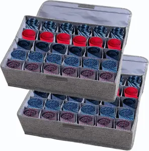 2 Packs Foldable Fabric Storage Organizer with Lids, Closet Drawer Wardrobe Divider Boxes for Underwear Socks Ties Scarves Lingerie (30 Cell Each, 2 Gray)