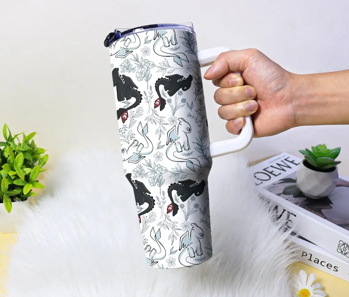 Toothless and Light Fury Tumbler, Cute Dragon Coffee Mug, Floral Toothless Travel Cup Gift, Insulated Tumbler Gift