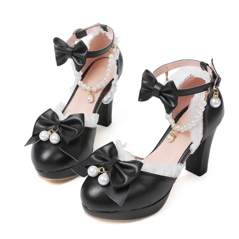 Womens Mary Jane Lolita Pumps Round Toe Platform Chunky High Heels Bow Ankle Strap Pearl Chains Party Gifts for her Wedding Dress Kwaii Cute Shoes Valentine Party Heels