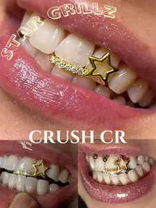CRUSH CR 1pc Star Hollow Tooth Cap Grillz – 18K Gold Plated Copper with CZ, Trendy Y2K Hip-Hop Bling Jewelry for Women & Men. Perfect for Music Festivals, Halloween Party, Date Night, Couple Gift Unboxing, Cosplay Streetwear Style Artificial Tooth Gems