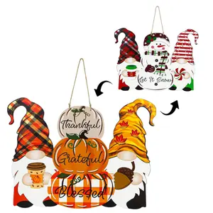 Reversible Fall Thanksgiving Decor/Christmas Decorations for Home Indoor Outdoor, Thankful Pumpkin Fall Door Decor Porch Wall Door Hanger, Christmas Wreath Wall Decor Buffalo Plaid Let It Snow Sign Wooden Farmhouse