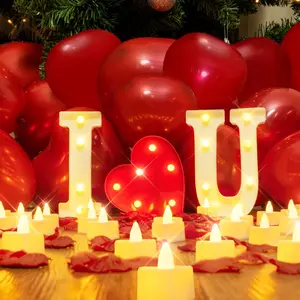 I Love U Light Up Letters Proposal Decorations, I Love U Sign with 24Pcs Flameless Candles 1000Pcs Red Fake Rose Petals 30Pcs Red Balloons for Valentine's Day Wedding Proposal Romantic Night