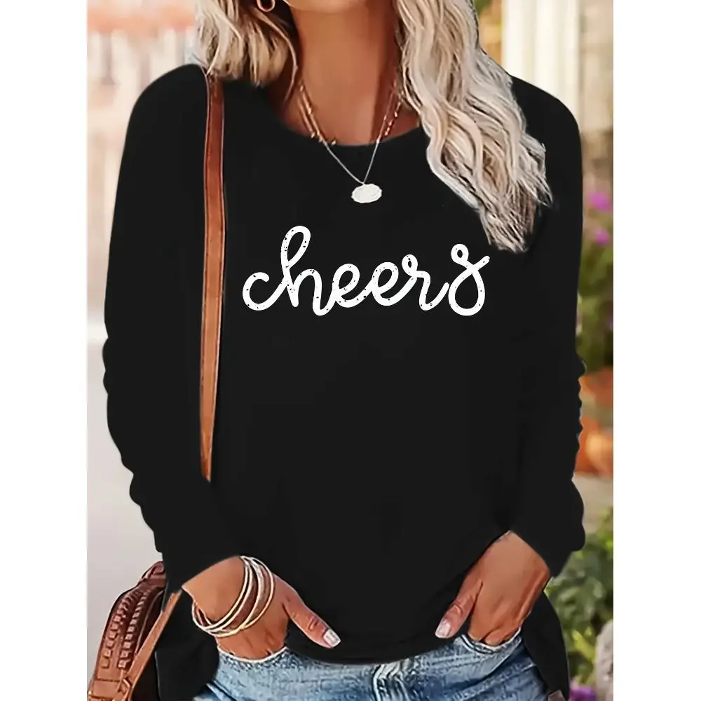 Women's Elegant Floral "Cheers" Vibrant Print Knit Pullover - Round Neck, Full Sleeves, Breathable Medium Length Knitwear Top, Soft Polyester, Digital Letters, All Seasons Casual Wear