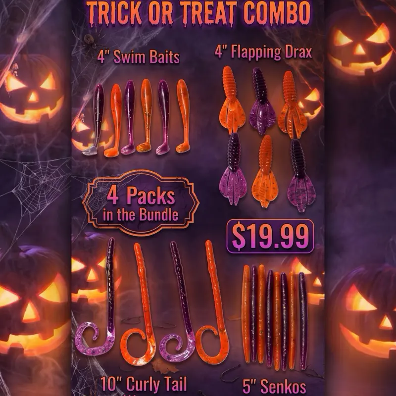 Hooked & Loaded TV Trick or Treat Combo - 24 Halloween Bait Styles for Bass Fishing - 6x4" Paddle Tail Swim Baits, 6x4" Flappin Drax, 4x10" Curly Tail Worms, 8x5" Senkos - Limited Edition