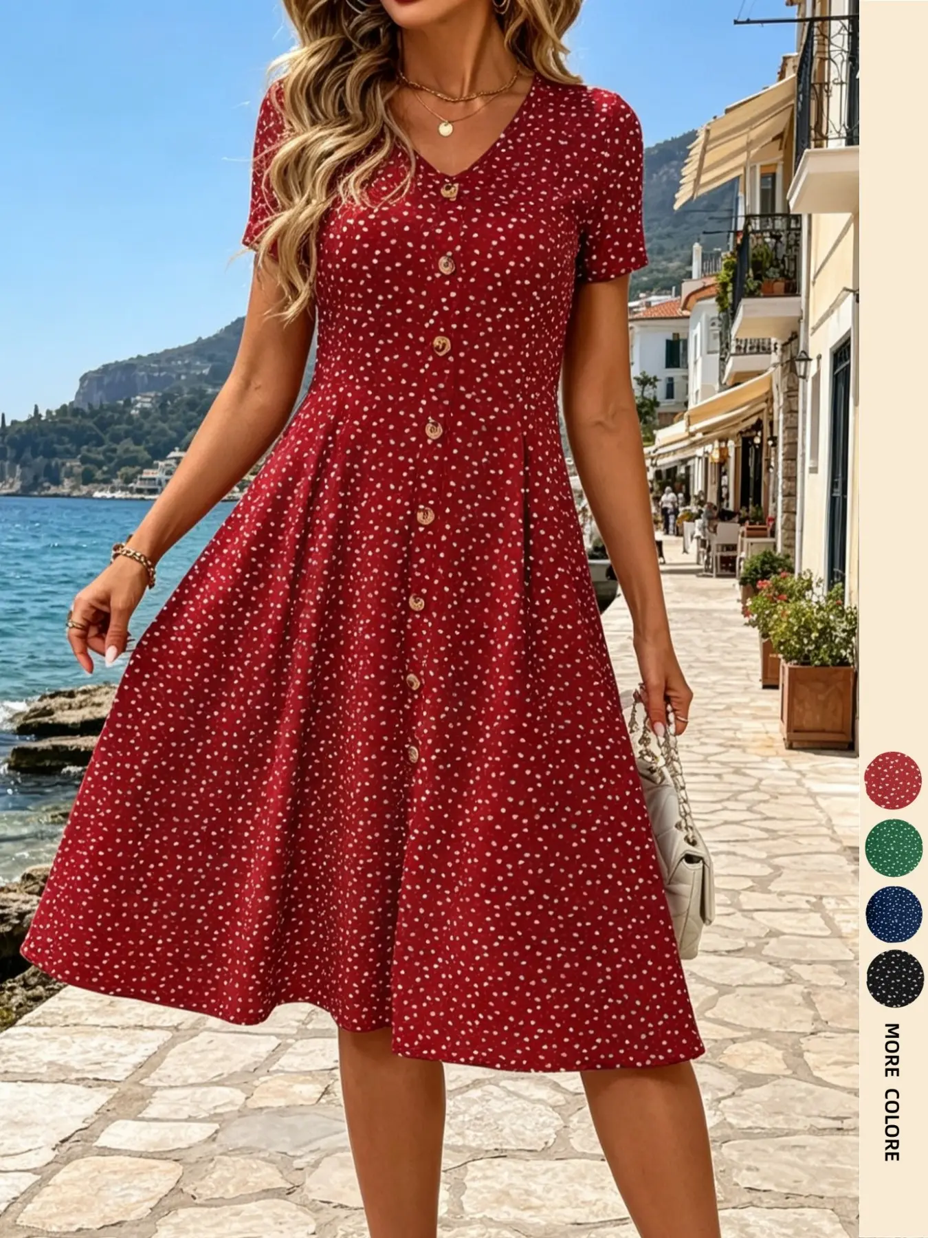 Women's All Over Dot Print V-Neck Short Sleeve Button Decor Casual Dress, Fashionable and Comfortable Design, Perfect for Daily Wear, Ideal for Spring, Autumn, Summer, Beach Travel Dress
