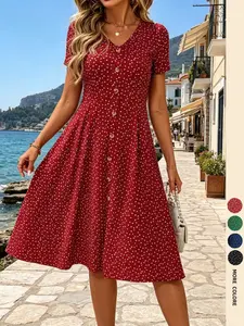 Women's All Over Dot Print V-Neck Short Sleeve Button Decor Casual Dress, Fashionable and Comfortable Design, Perfect for Daily Wear, Ideal for Spring and Autumn