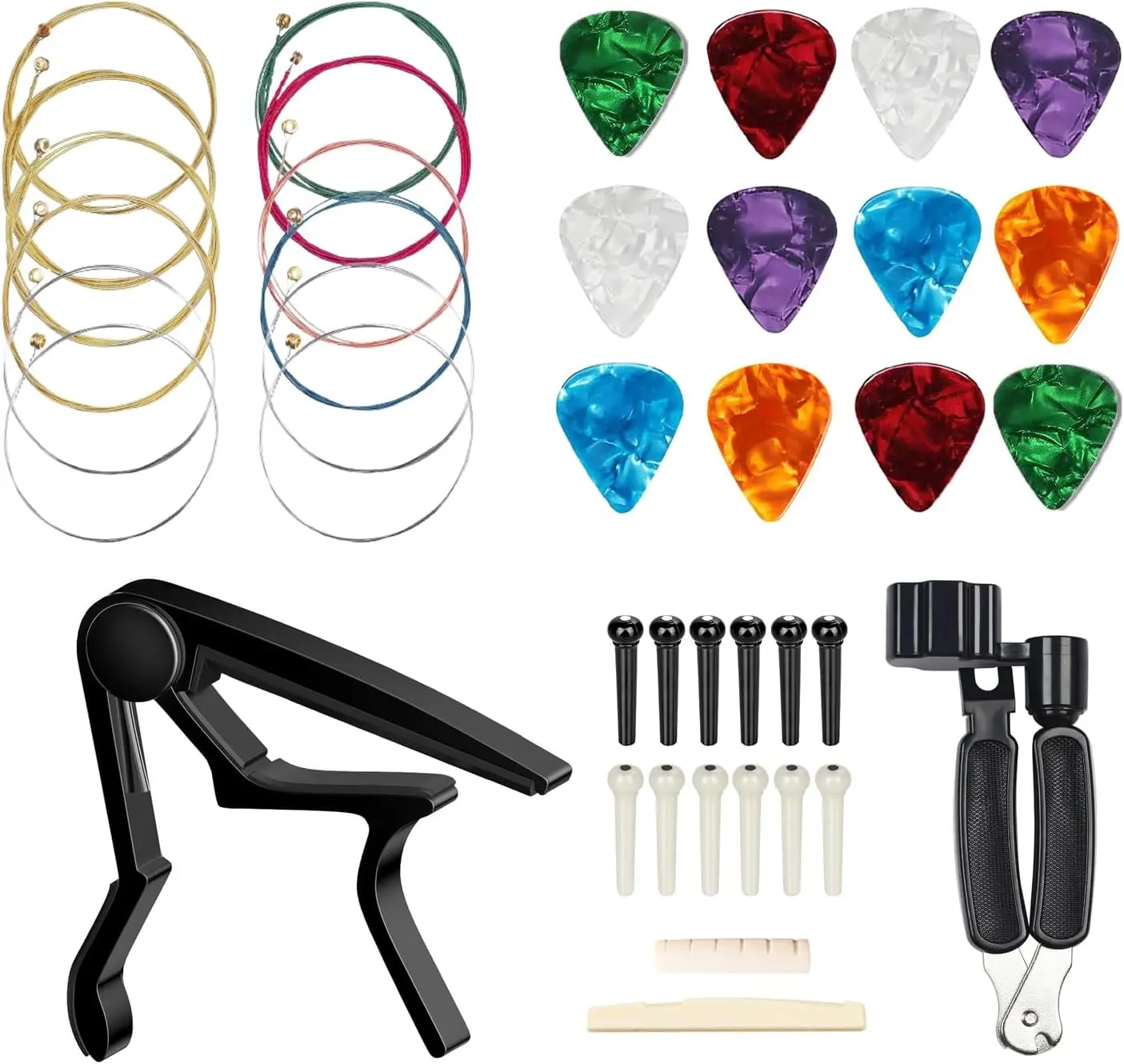 Halloween Fall Gift Acoustic Guitar Accessories Kit,Guitar Tool Changing Kit Including Acoustic Strings, Picks, Capo, Bridge Pins, Bridge Saddle Nut and 3 in 1 guitar string winder cutter and pin puller.