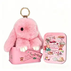 Bunny Keychain with Creative Metal Box, Cute Bag Charm, Plush Bunny Key Chain, Chic Keychain for Handbags & Backpacks, Trendy Easter Gift