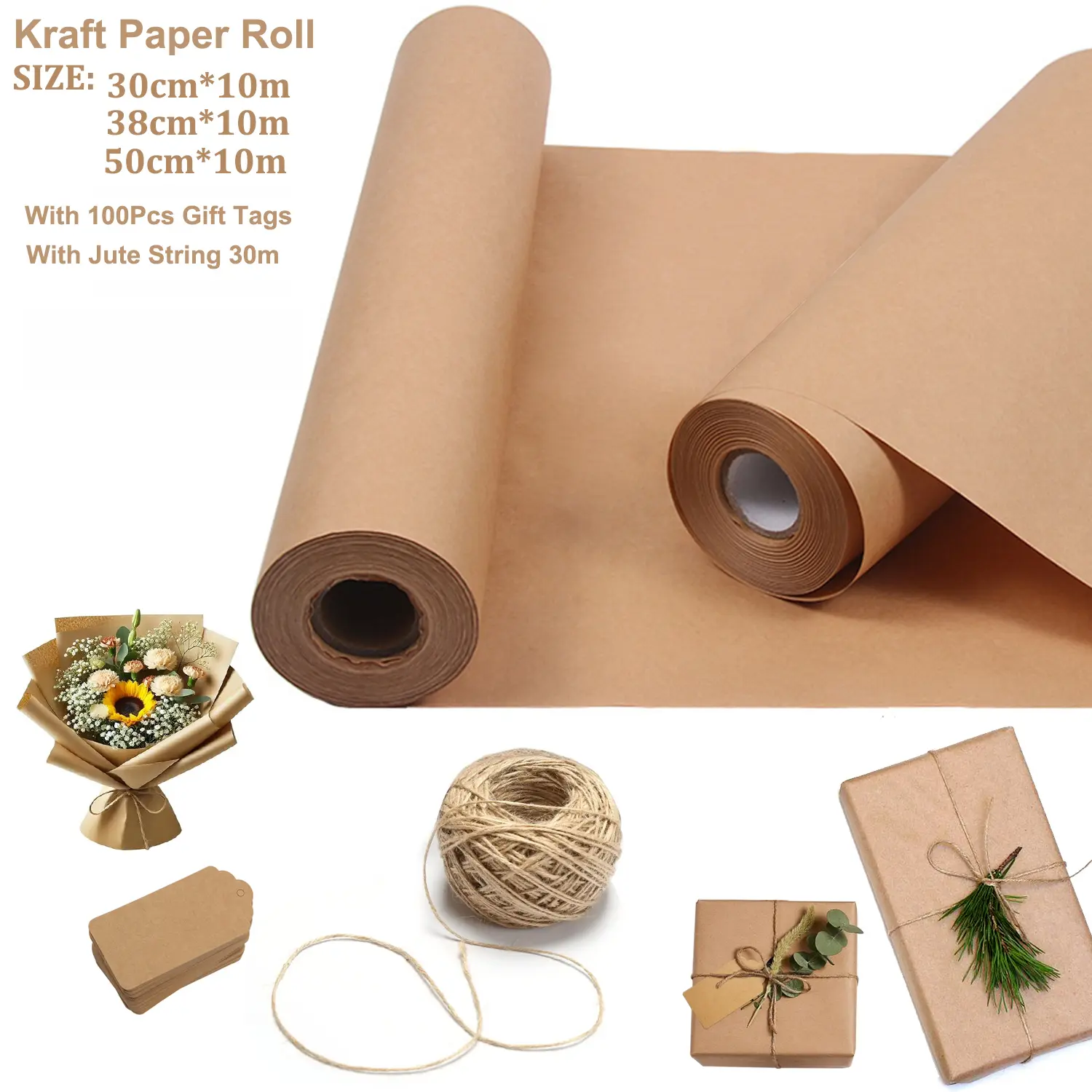 Multi-Size Brown Kraft Paper Roll Set (11.81/14.96/19.68in Widths, 11.81in x 32.8ft Core Size, 100pcs 30cm x 10m Bundle) - Classical Design, Not Easy to Tear, Includes Tags, Jute Twine for Christmas Gift Packing, Moving, Home Supplies Decor & Craftsmans