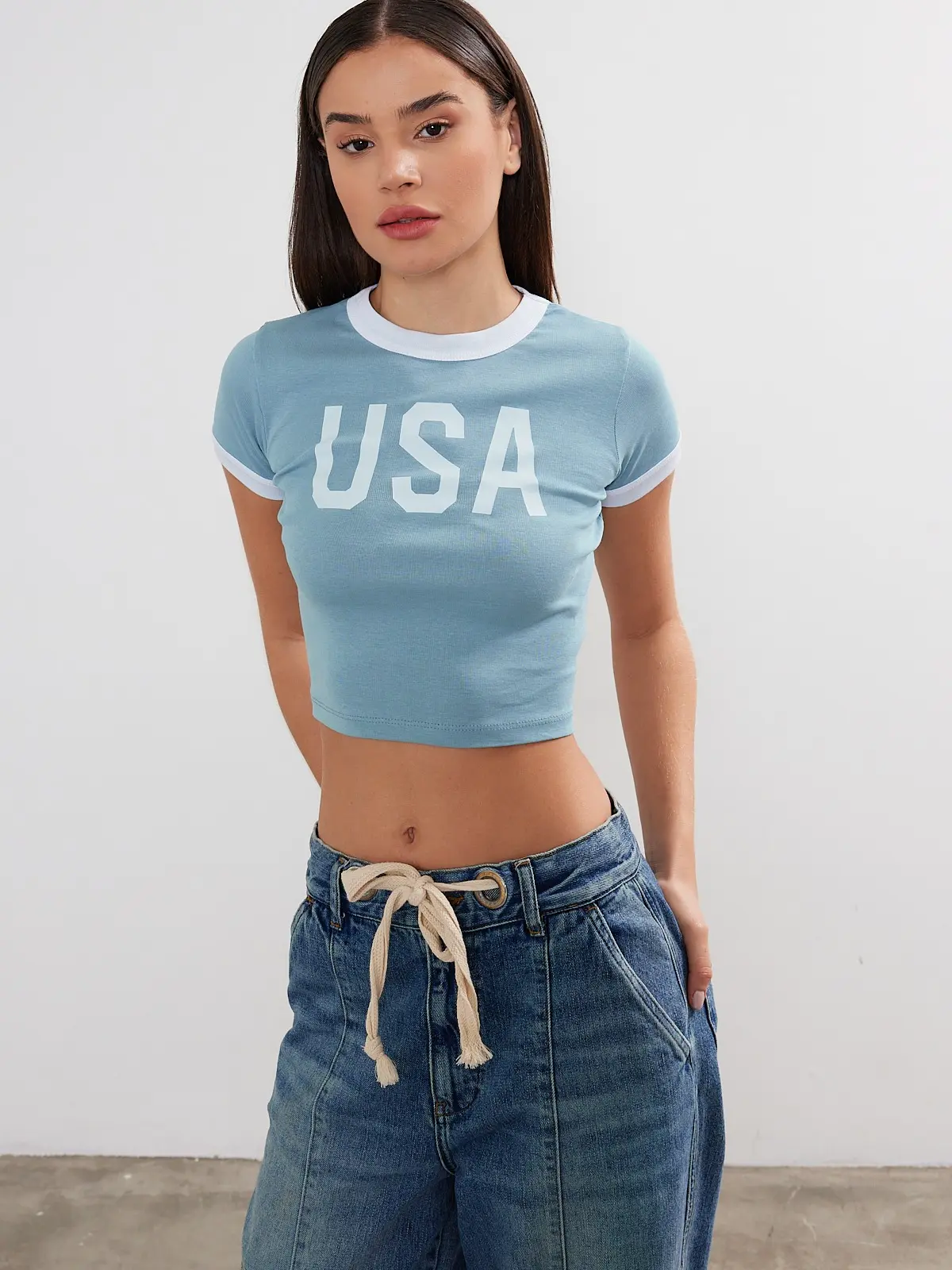 VAV New York Two Tone USA Women's and Juniors Cotton Crop Top USA Printed Cropped T-Shirt