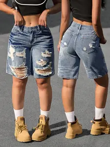 Women's Ripped Vintage Denim Jean Capri Pants, Fashionable Trendy Ripped Design, Comfortable Slimming Loose Fit, Casual Versatile Choice, Bottom, Womenswear