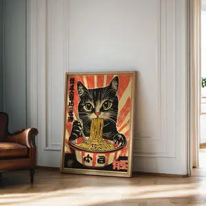 Vintage Cat Eating Ramen, Noodles Poster, Funny Black Cat Wall Art, Japanese Inspired Cat Art Print, Cat Lover Gift, Unframed