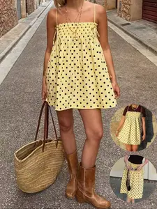 Women Yellow Polka Dot Mini Dress Spaghetti Strap Sleeveless Smocked Bust Loose Fit A Line Swing Short Dress Lightweight Soft Fabric Summer Vacation Beach Casual Streetwear Cute French Style Day Dress