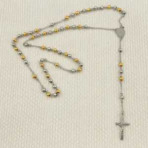 FWJ Stainless Steel Jewelry 6mm Two Tone Rosary 28" Natural Steel Color & Gold Plated Over Steel Mary Virgin Beads for Daily Devotion