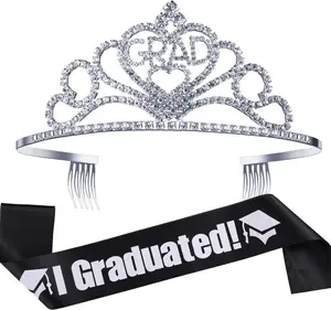 2026 Graduation Tiara with Sash for Women, Glittered Metal Princess Grad Crown Cap Headbands and Grad Sash for Graduation Party Favors(Black)