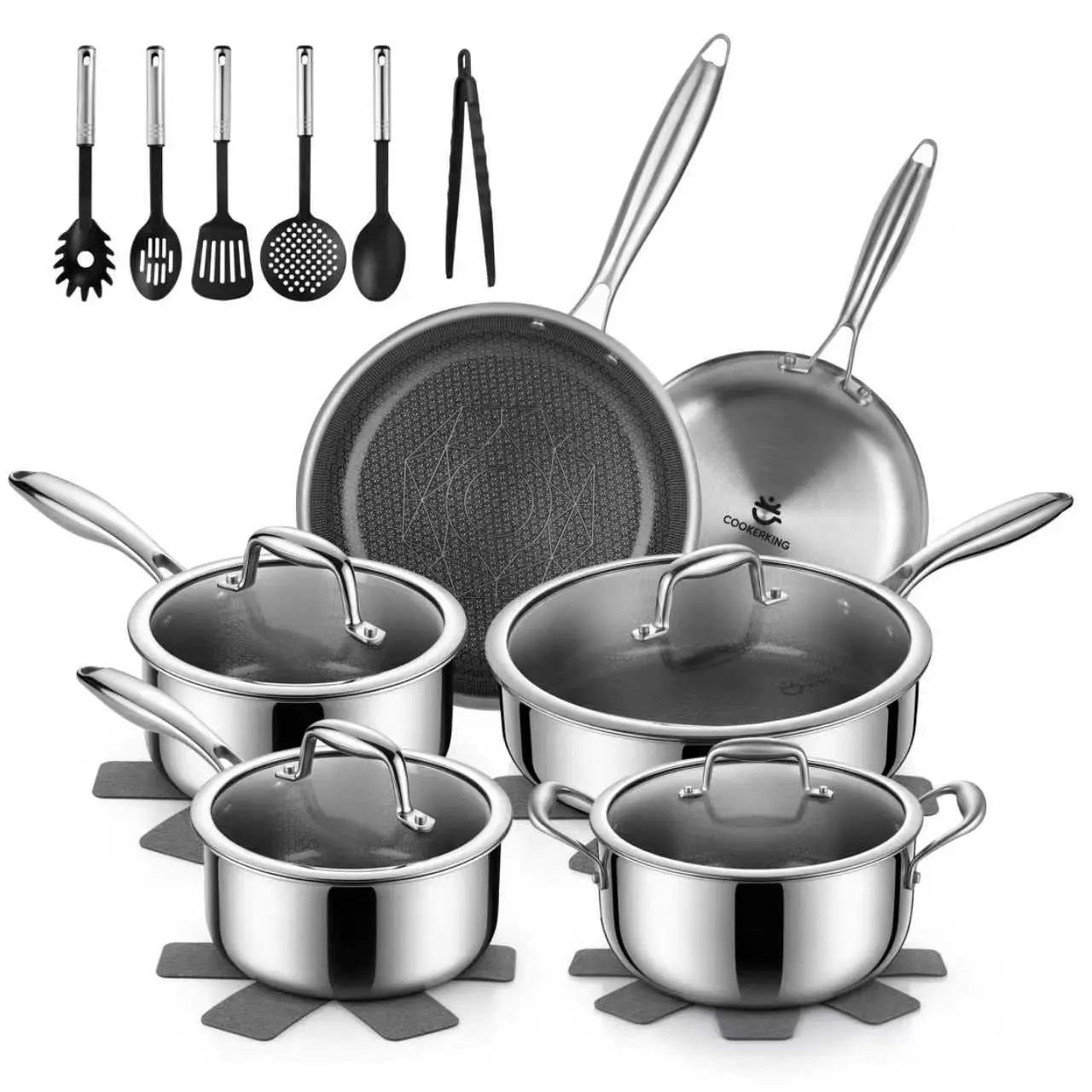 Cooker King 20-Piece Stainless Steel Cookware Set - Metal Pots, Frying Pans, Glass Covers, Cooking Utensils, Pan Protectors with Sturdy Handles for Cozy Together Kitchen Use
